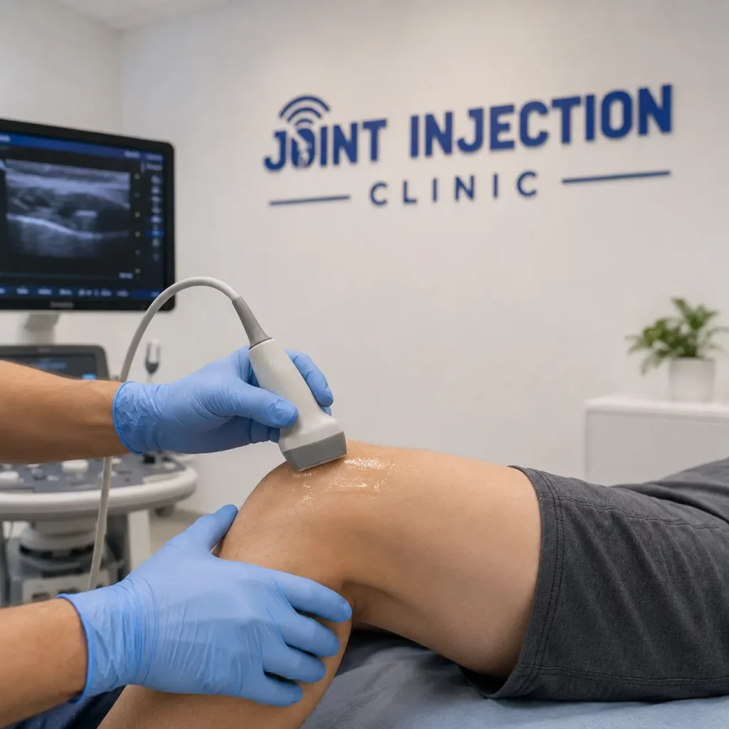 Clinician performing a diagnostic MSK ultrasound scan at Joint Injection Clinic Kings Hil