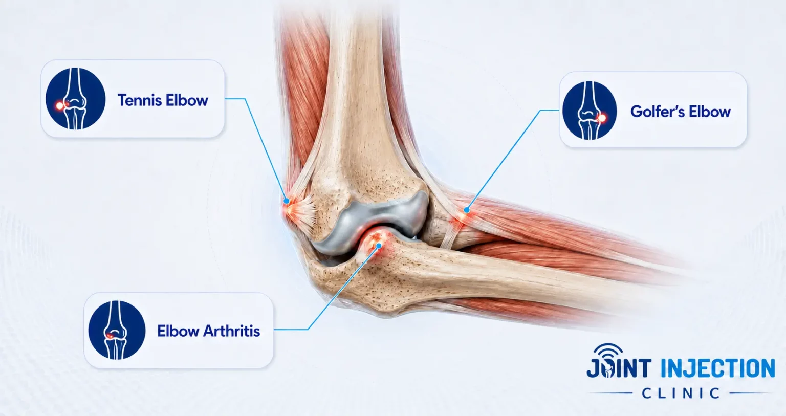 Infographic showing tennis elbow, golfer’s elbow and elbow arthritis assessed at Joint Injection Clinic.