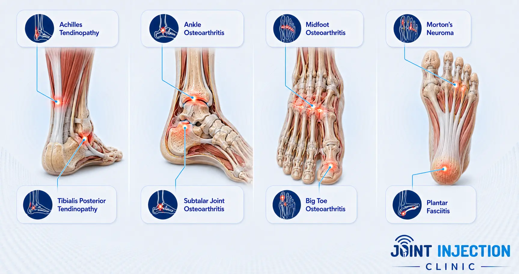 Medical infographic showing common foot and ankle conditions assessed and treated by Joint Injection Clinic.