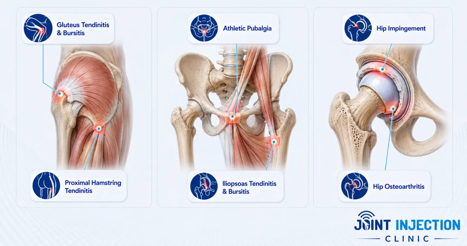 Medical infographic showing common hip and groin conditions assessed and treated by Joint Injection Clinic.