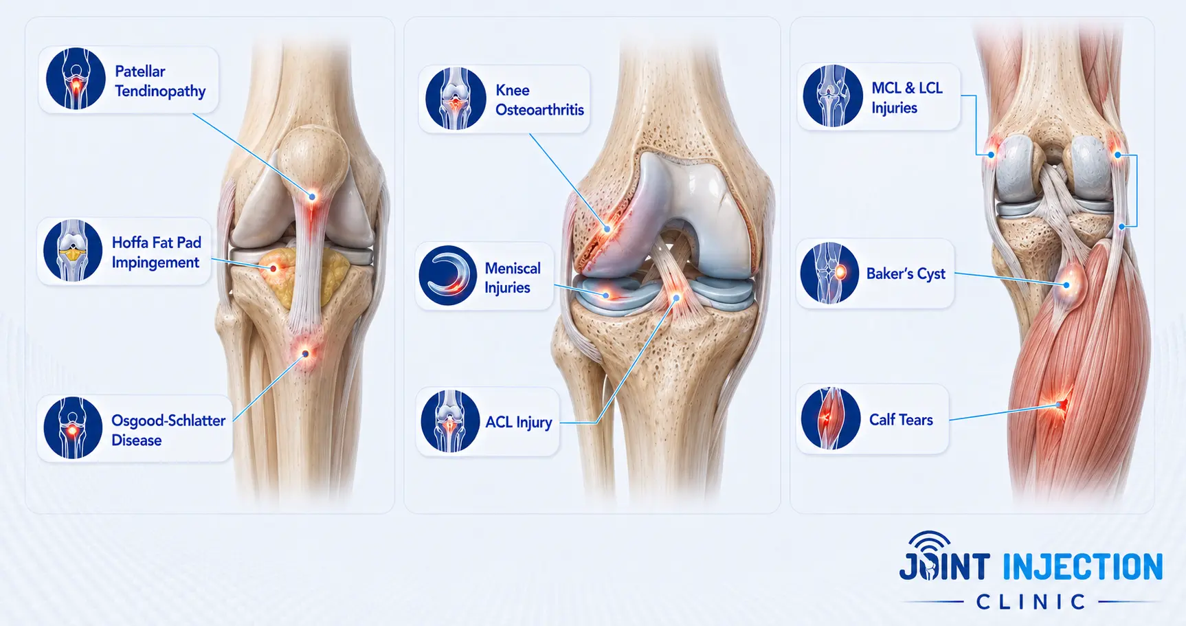 Medical infographic showing common knee and lower-leg conditions assessed and treated by Joint Injection Clinic.
