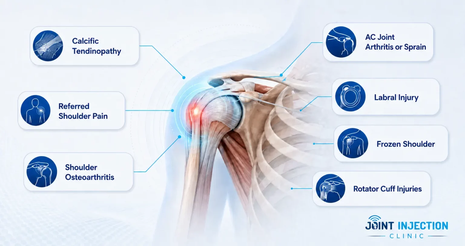 infographic showing common shoulder conditions treated and assessed by Joint Injection Clinic.