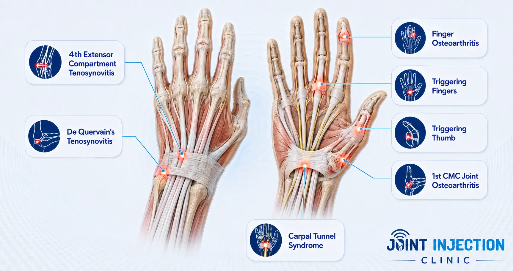 Medical infographic showing common wrist and hand conditions assessed and treated by Joint Injection Clinic.